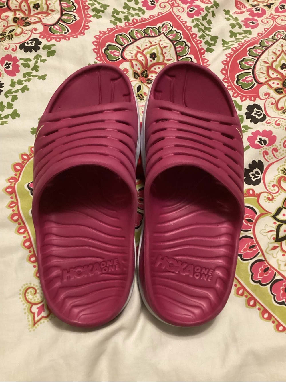 Hoka One One Slide Sandals in Berry Rose and White